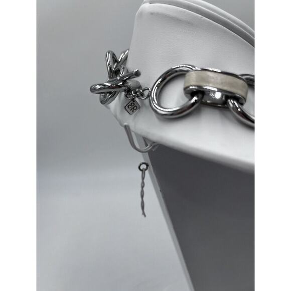 Banana Republic Silver Tone Link Necklace With Beige Leather Links Toggle Clasp - Picture 9 of 14